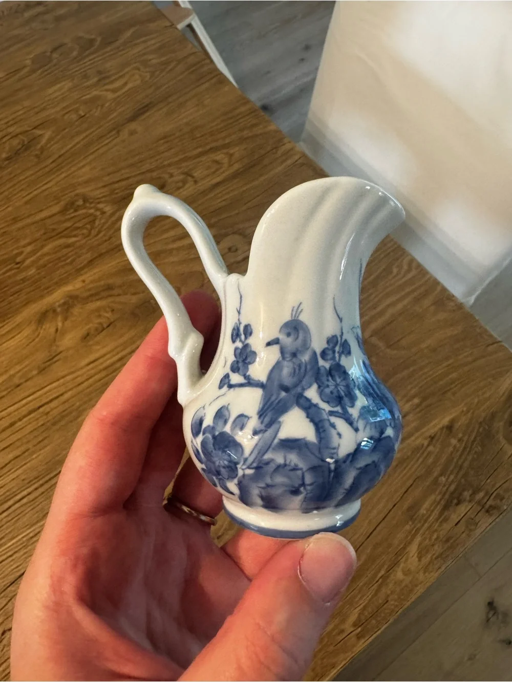 Vintage Miniature Blue & White Milk Jug Pitcher Bird Flower Motif